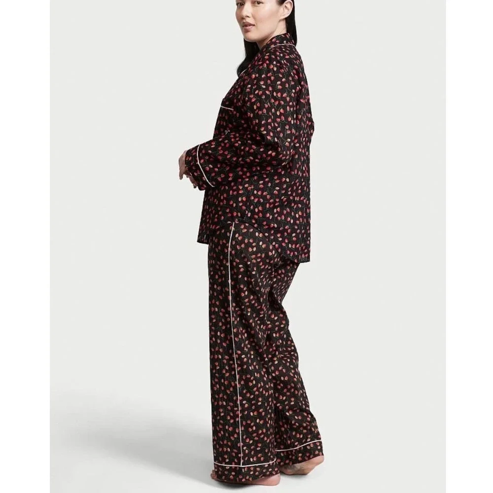 Victoria's Secret Black Strawberry Print Cotton Pajama Set Long Sleeve Pants L